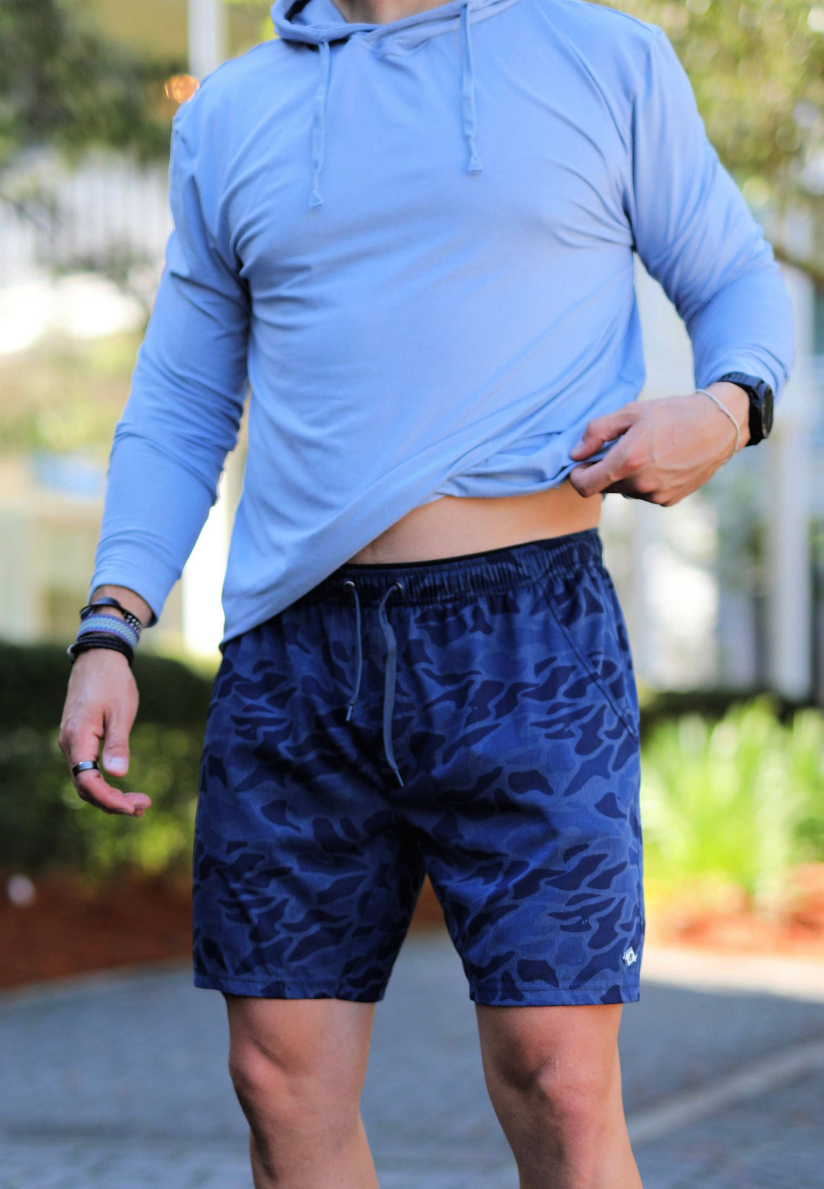 Blue Camo Athletic Shorts with Compression Lining