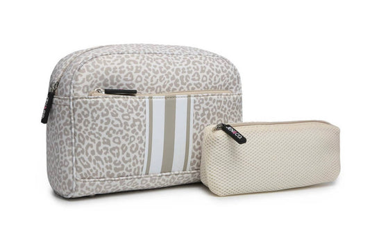 Neoprene Striped Cosmetic Bag Cheetah-Beige